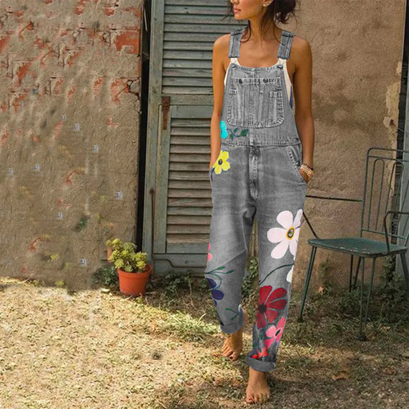 Washed Print Denim Overalls - New Street Style Long Pants