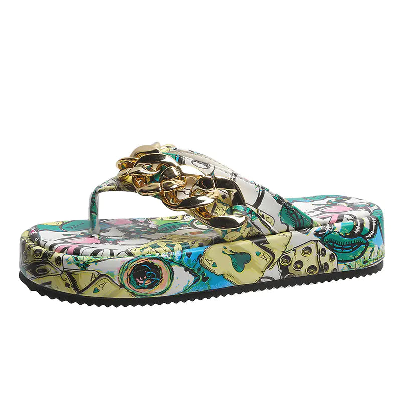 Colorful graffiti-inspired women's sandal and slipper platform footwear with trendy design and comfortable fit