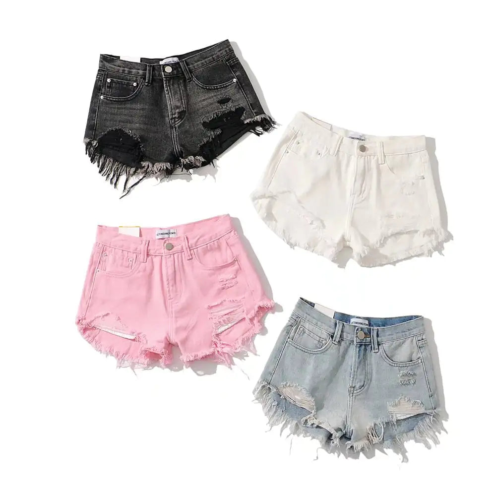 Stylish women's low waist denim shorts featuring fringe detailing and trendy design for summer wear
