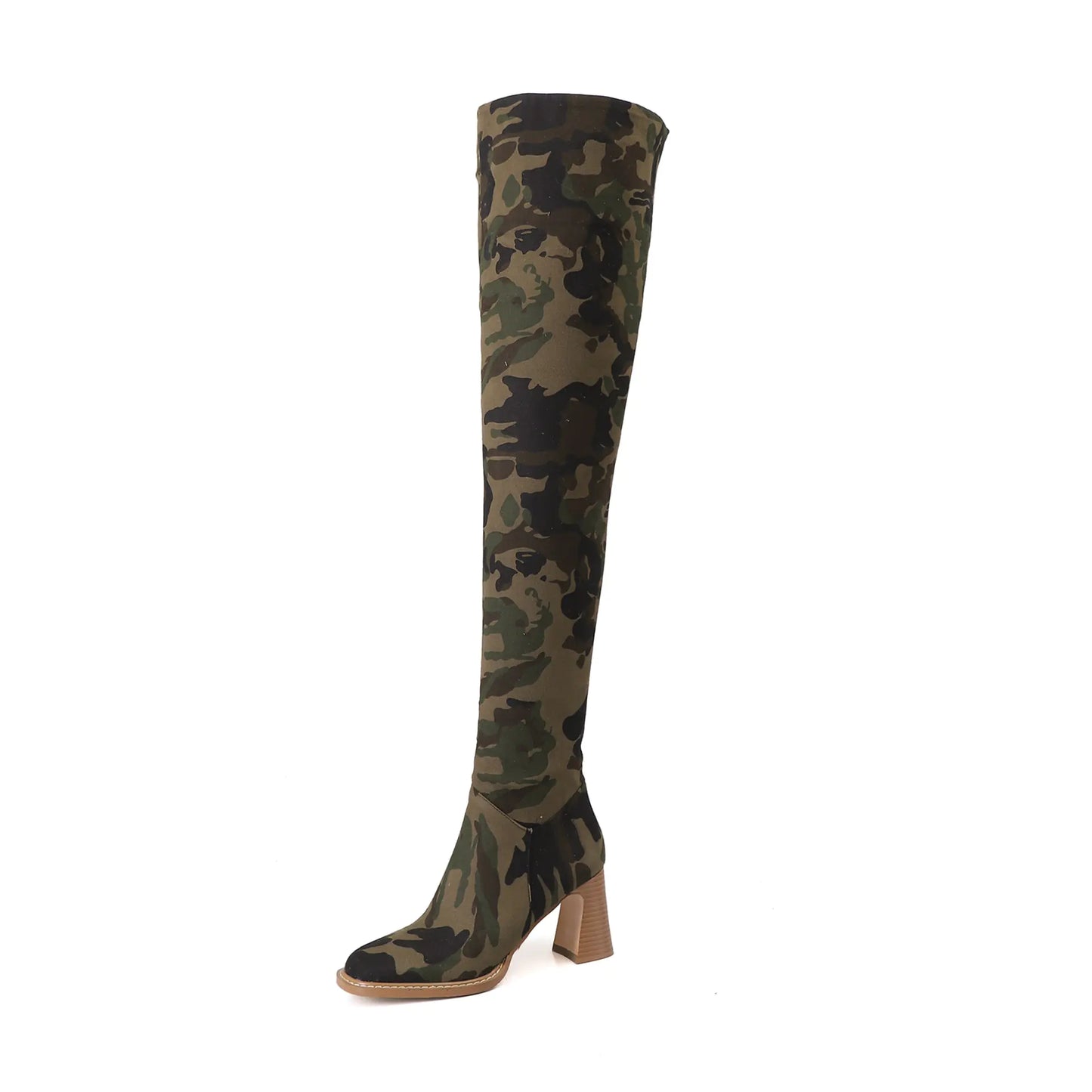 Close-up of camouflage pattern on the round-toe, long tube boots with chunky heel