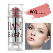 Model demonstrating effortless blush application using the Chubby Blush Stick for a fresh-faced look