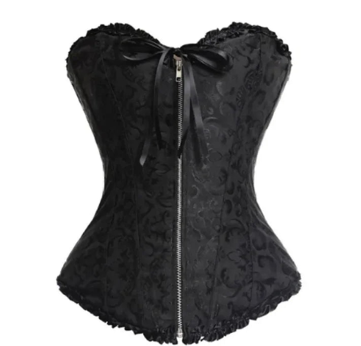 A detailed steampunk corset featuring bronze gears, leather accents, and intricate Victorian-inspired metal embellishments