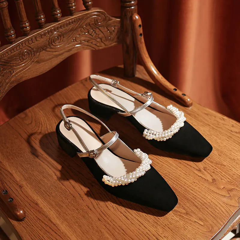 Elegant vintage French pearl-adorned mid-heel Mary Jane shoes for women with classic style and timeless charm