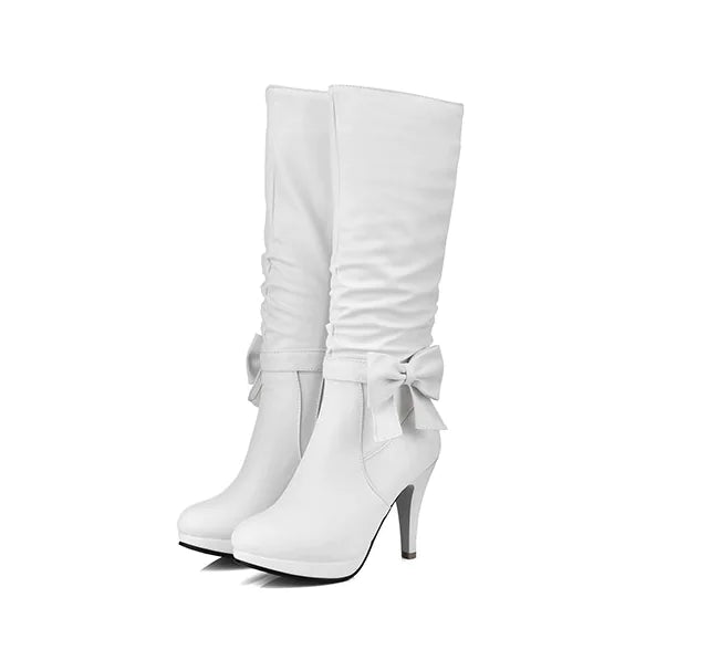 Versatile black artificial PU Martin boots with a round toe and an eye-catching bow knot detail for versatile styling