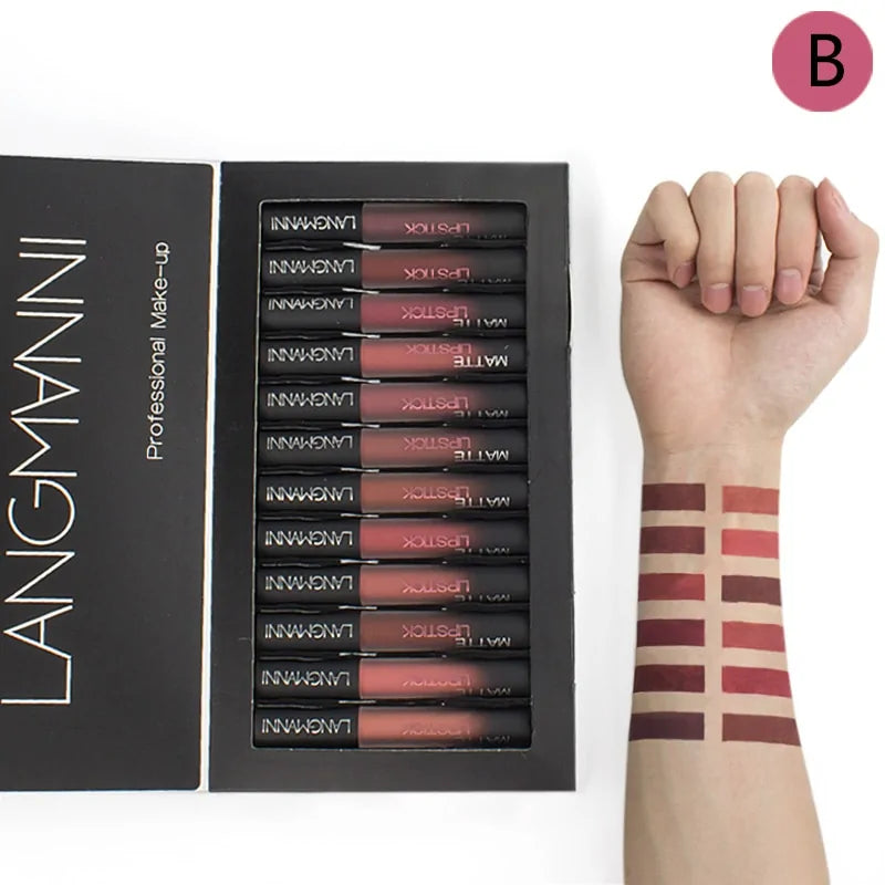 A vibrant 12-piece makeup set including brushes, eyeshadows, lipsticks, and blushes for complete beauty application