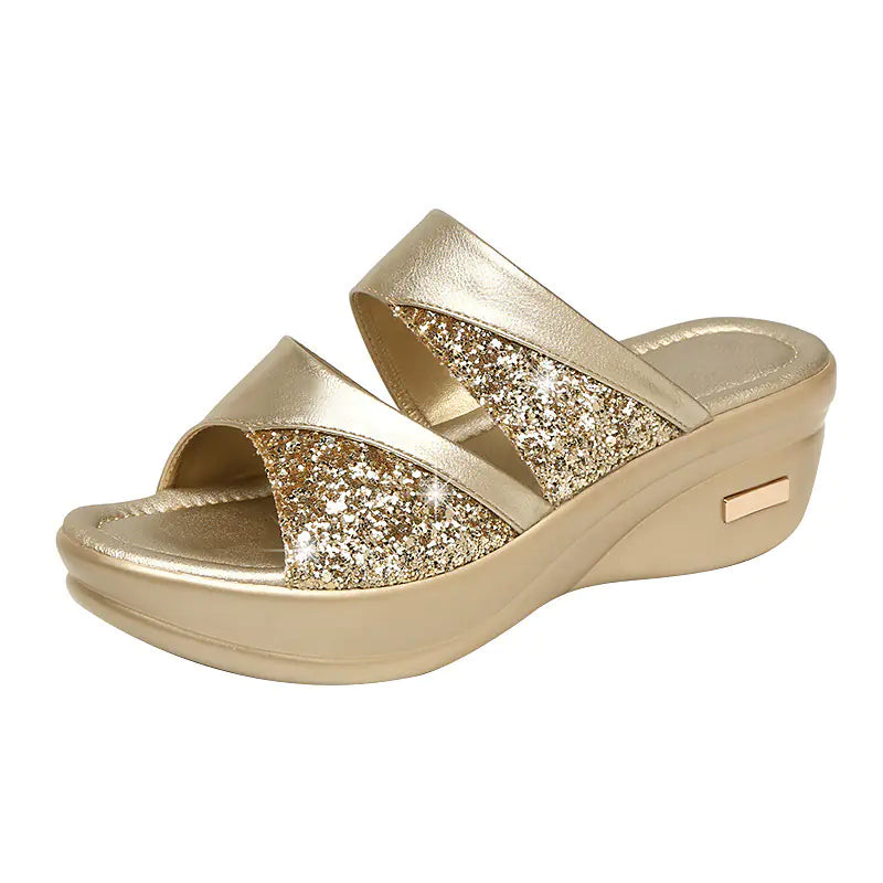 Elegant women's fish mouth sequined wedge slippers with sparkling embellishments and comfortable slip-on design