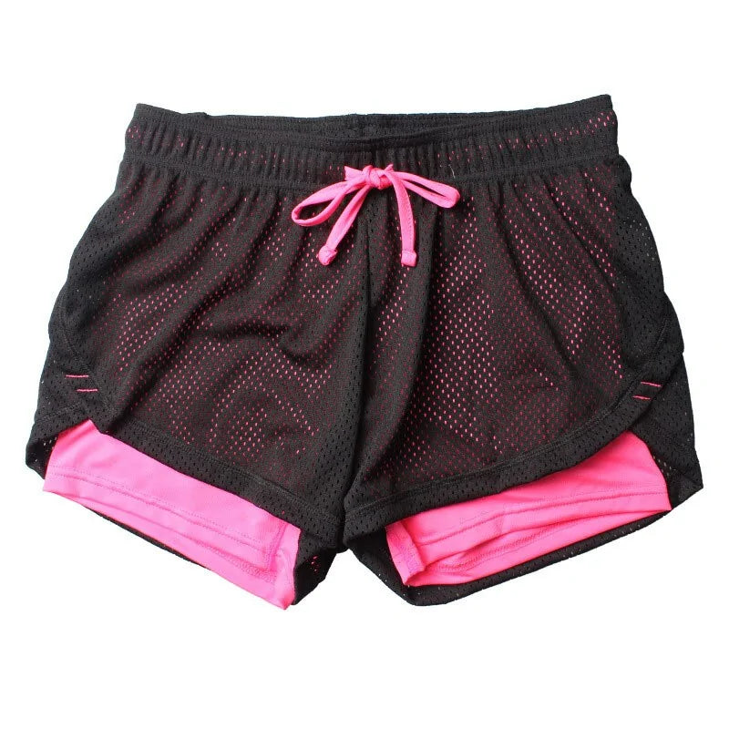 Women's yoga fitness shorts featuring elastic waist, breathable mesh panels, and comfortable running leggings for active women