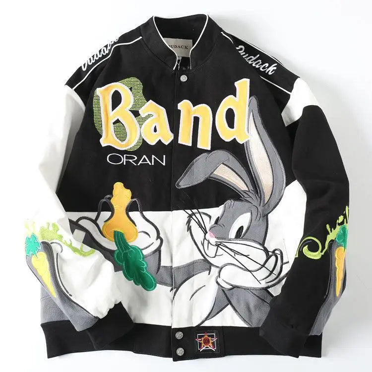 A stylish autumn winter baseball jacket featuring intricate embroidery design and warm fabric