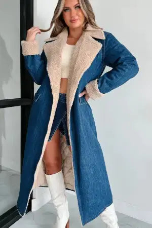 Modern denim trench coat in classic blue with double large pockets