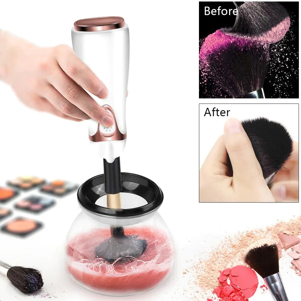A sleek automatic makeup brush cleaner device in use, thoroughly cleaning makeup brushes effortlessly and quickly