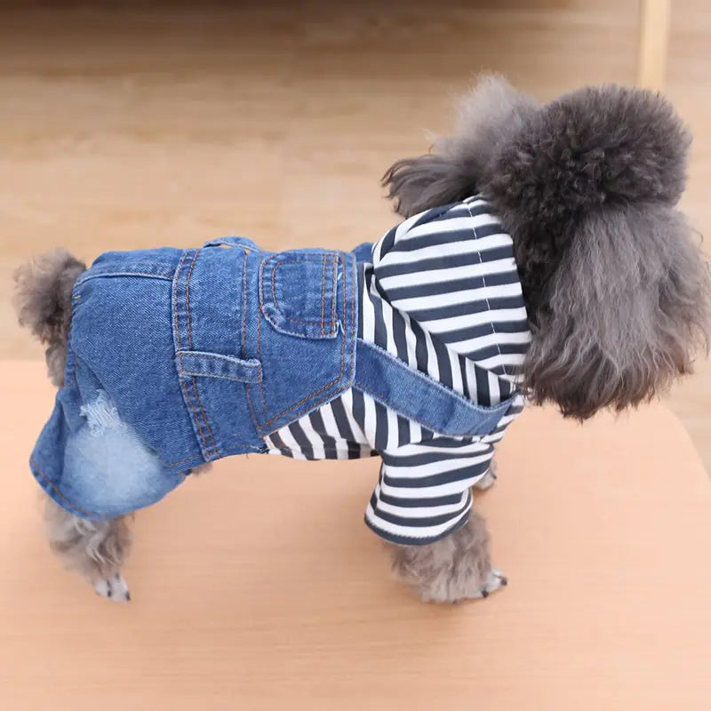 Striped Denim Overalls for Dogs - Spring/Summer Wear