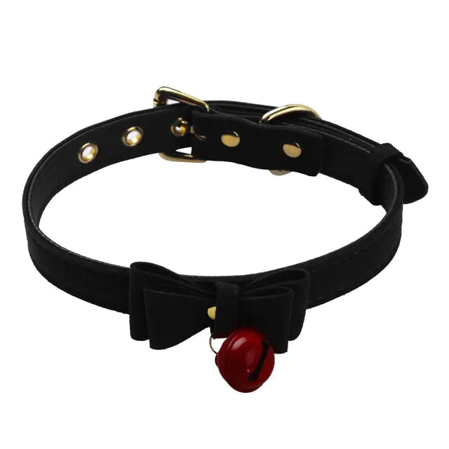 A stylish black choker collar necklace featuring a small metallic bell pendant for a trendy, edgy look