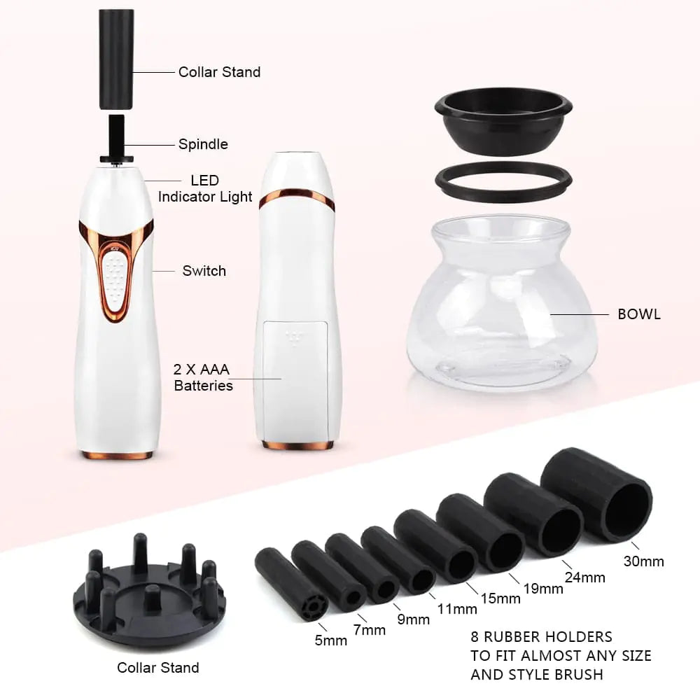 A sleek, modern automatic makeup brush cleaner device gently removing makeup residue from various brush types with ease