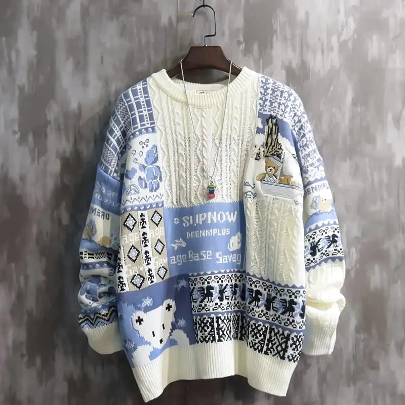 Front view of the men's pullover sweater in blue, suitable for office or casual weekend wear