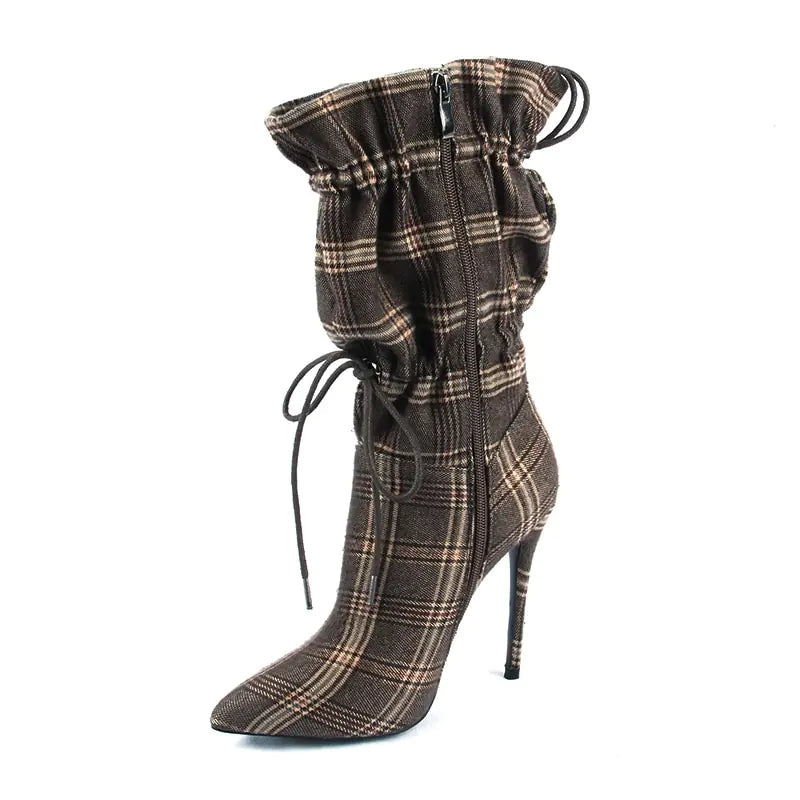 Elegant mid-calf high heel pointed toe boots for women showcasing stylish footwear design