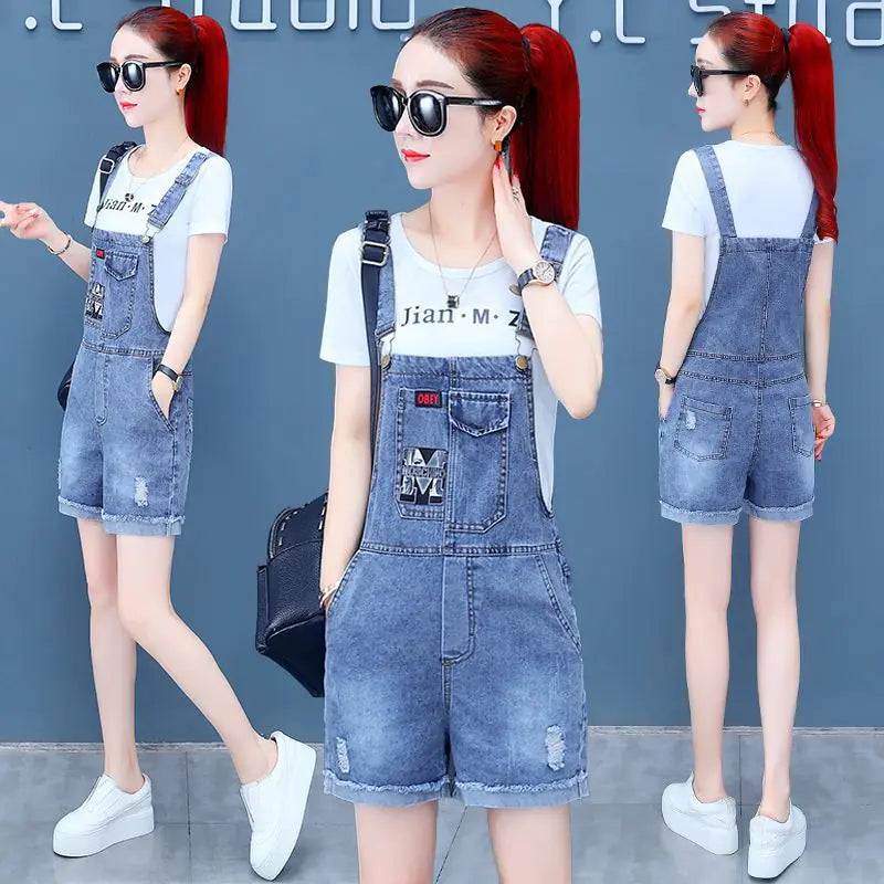 Summer Women's Denim Overalls with Distressed Design