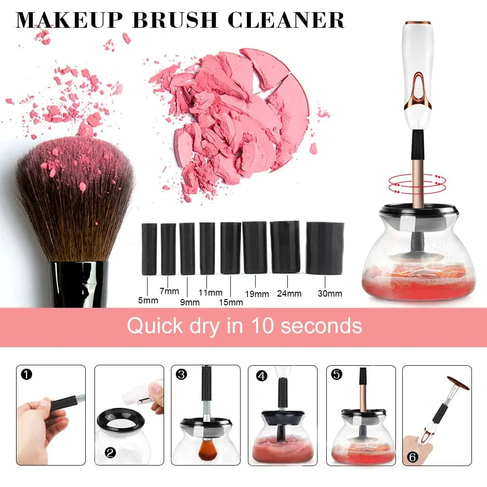 A sleek automatic makeup brush cleaner device with rotating brushes and cleaning solution, designed to effortlessly cleanse cosmetic brushes quickly and thoroughly