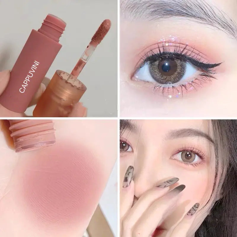 Close-up of the product's sleek packaging, emphasizing the dual-purpose nature of the liquid eyeshadow and cream blush