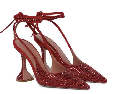 Elegant high-heeled shoes featuring a pointed hollow toe, unique horseshoe heel, available in vibrant red, green, and purple, with durable rubber soles and lightweight design for stylish comfort