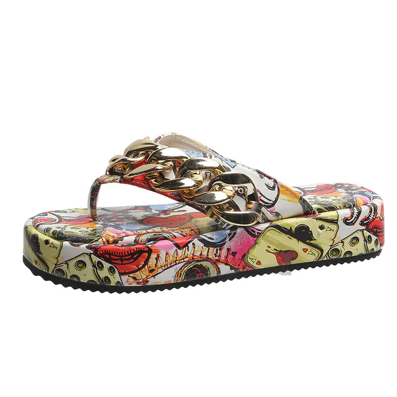 Colorful graffiti-inspired women's sandals and slippers featuring trendy platform soles and vibrant design details perfect for casual summer wear and stylish comfort
