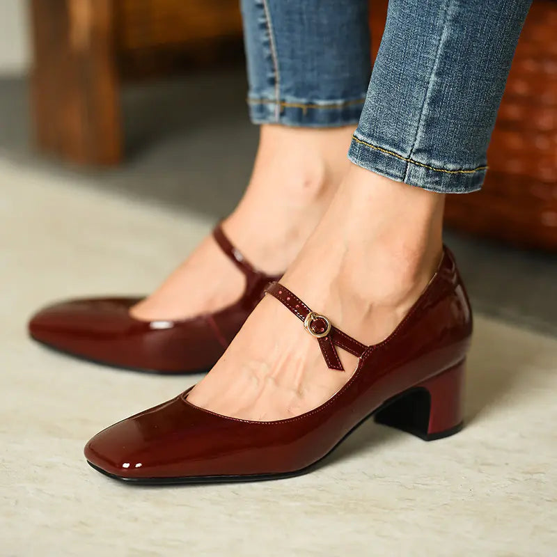 Stylish Mary Jane footwear with square toe and polished burgundy patent finish for added elegance