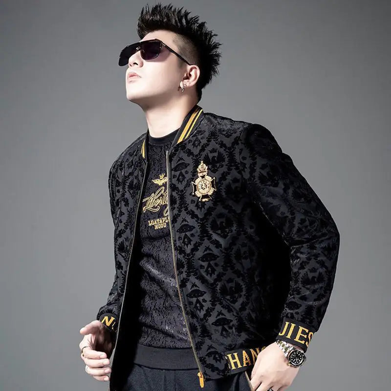 Model wearing the men's velvet embroidered jacket outdoors during autumn/winter season