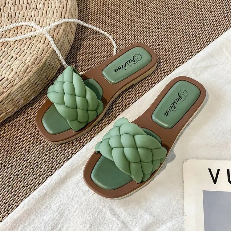 Elegant women's summer flat square toe woven sandals with breathable design and stylish comfort