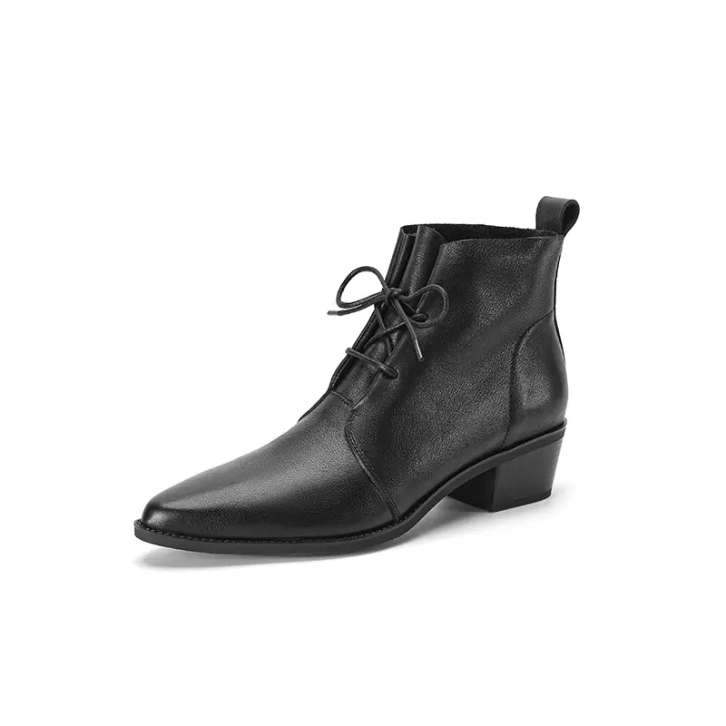Elegant pointed-toe lace-up cowboy boots featuring chunky heels and premium cowhide leather