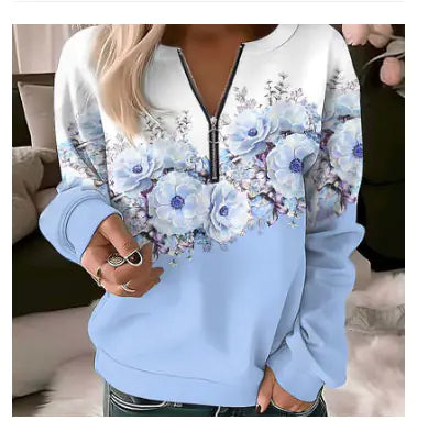 A stylish casual printed women's zipper pullover sweatshirt featuring vibrant designs and comfortable fabric for everyday wear