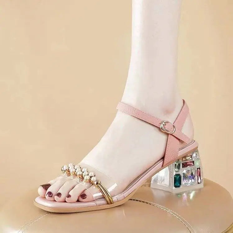 Elegant women's mid heel leather sandals featuring a stylish thick square toe design for a modern, chic look