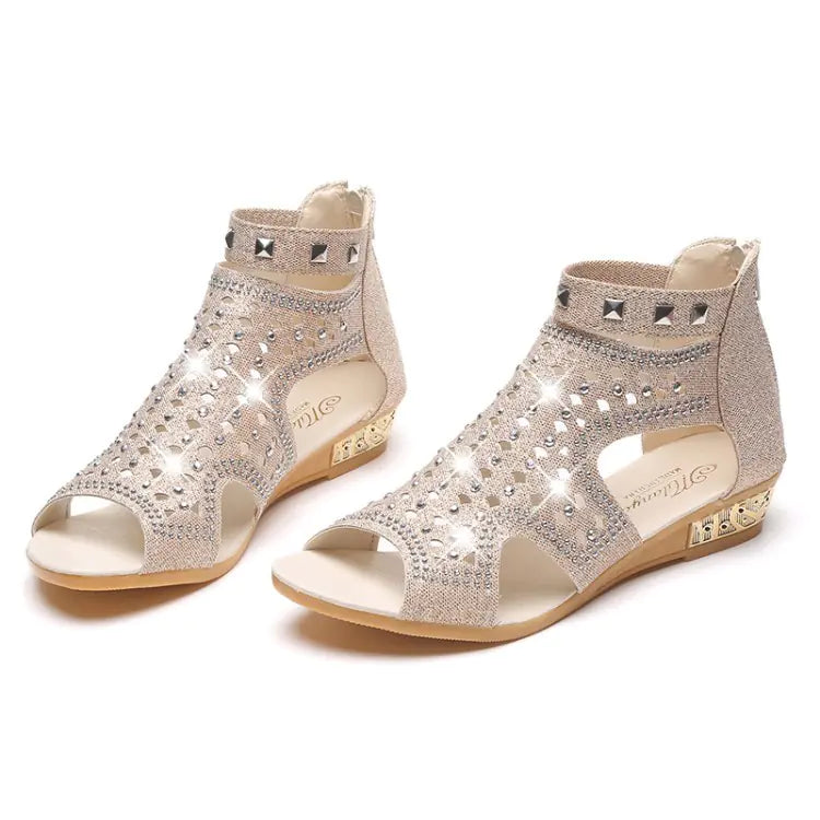A pair of Evy stylish glitter wedge heels with sparkling metallic finish for fashionable women