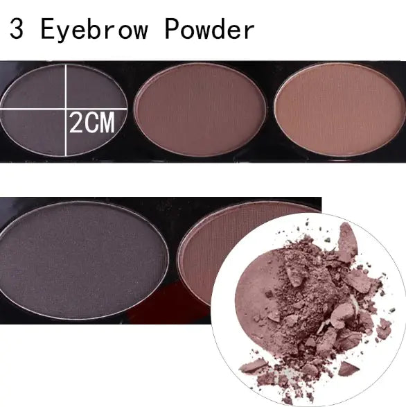 Close-up of blush and eyebrow powders in a compact makeup kit with multiple shades