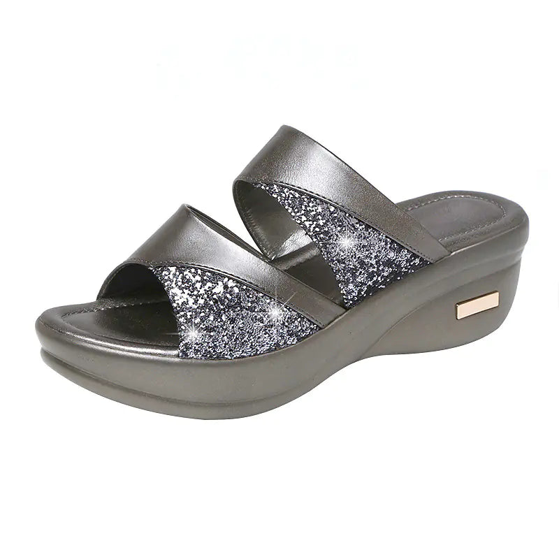 Elegant women’s fish mouth design wedge slippers adorned with shimmering sequins and comfortable footbed