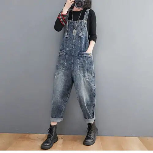 Plus Size Women's Retro Denim Artistic Overalls