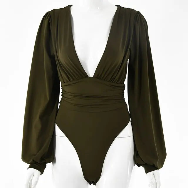 Elegant women's sexy fashion bodysuit featuring a fitted design, deep V neckline, and stylish lace accents perfect for trendy nightwear or clubwear styling