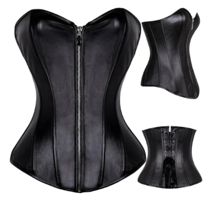 Victorian-inspired steampunk corset with bronze gears, intricate leather details, and vintage metal accents designed for a bold, fashionable steampunk costume accessory