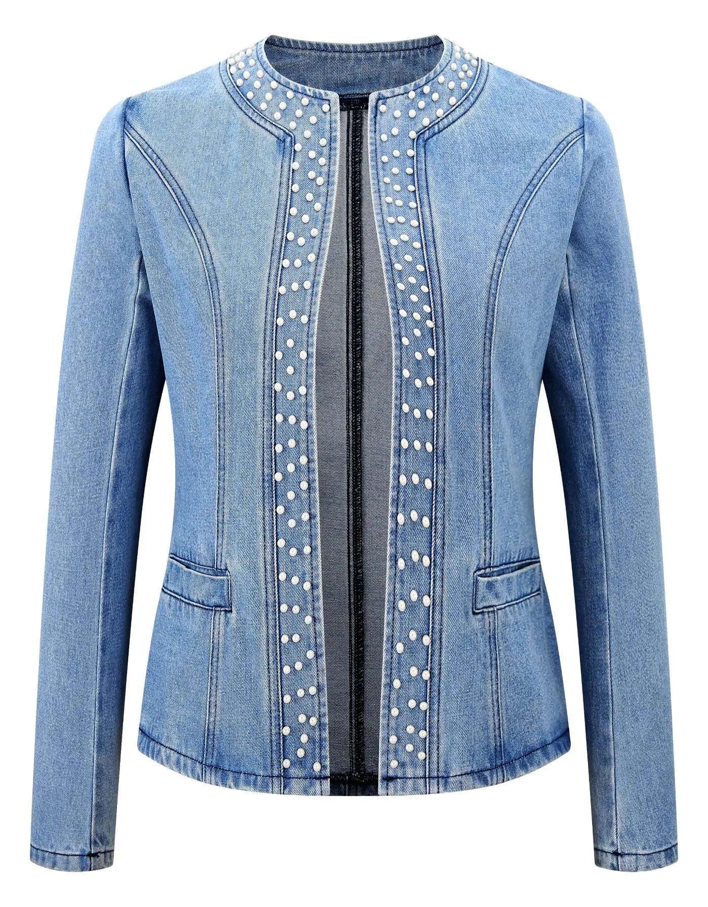 Kedera Womens Pearl Denim Jacket Long Sleeve Collarless Rivet Short Denim Coat with Pockets