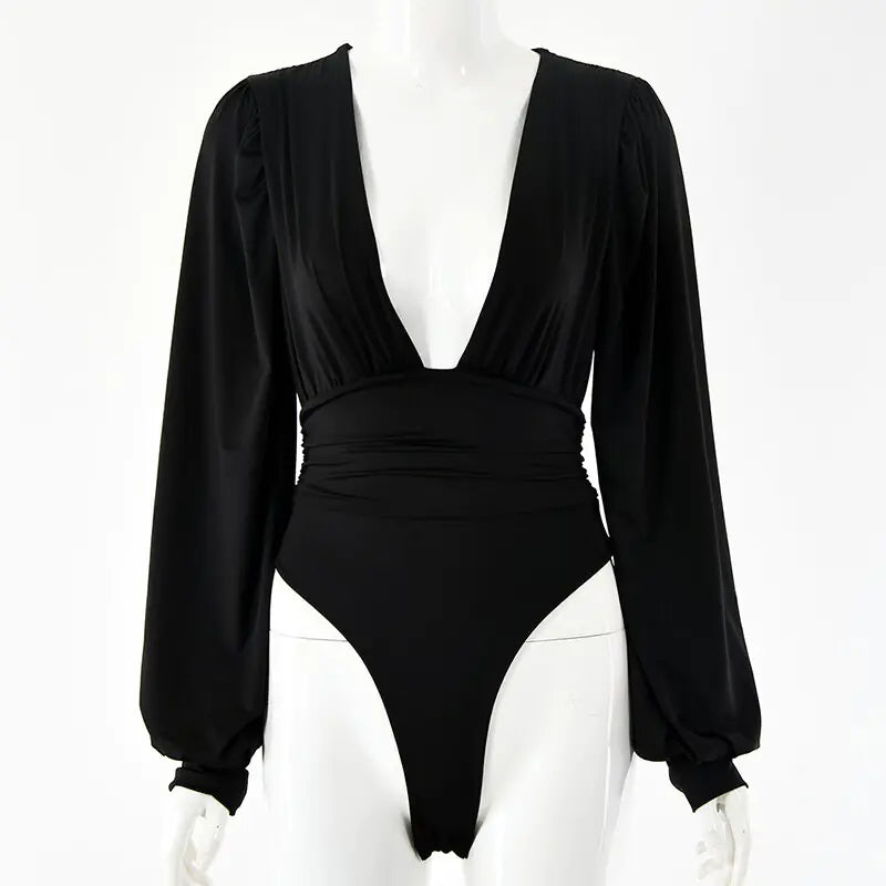 A stylish women's sexy fashion bodysuit featuring a fitted design, plunging neckline, and sleek fabric for trendy, alluring evening wear