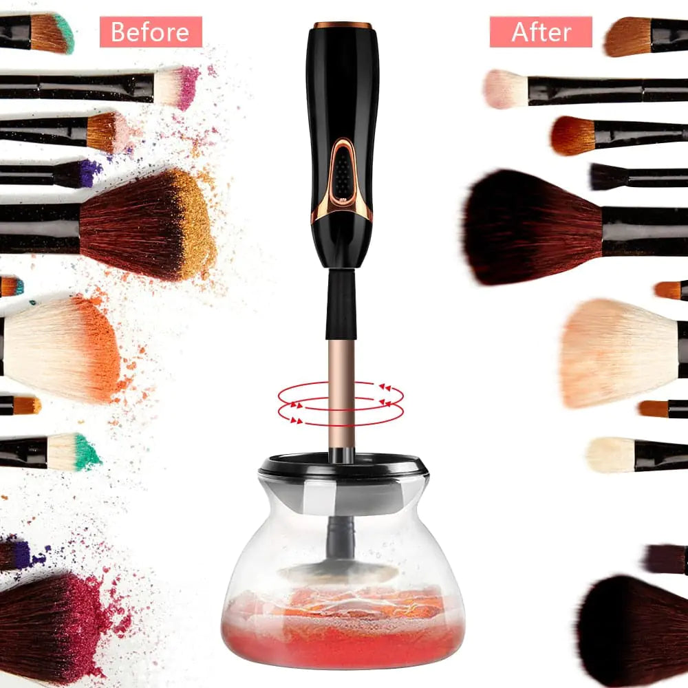 A modern automatic makeup brush cleaner device with rotating brushes for fast, thorough cleaning of makeup brushes at home