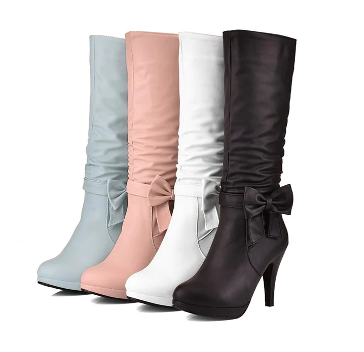 Elegant blue artificial PU round toe Martin boots with a prominent bow detail and slip-on design