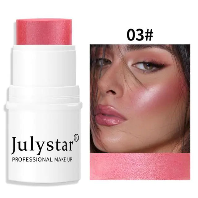 Girl smiling with glowing skin using Lazy High Light Pearl Cream Blush Stick for natural look
