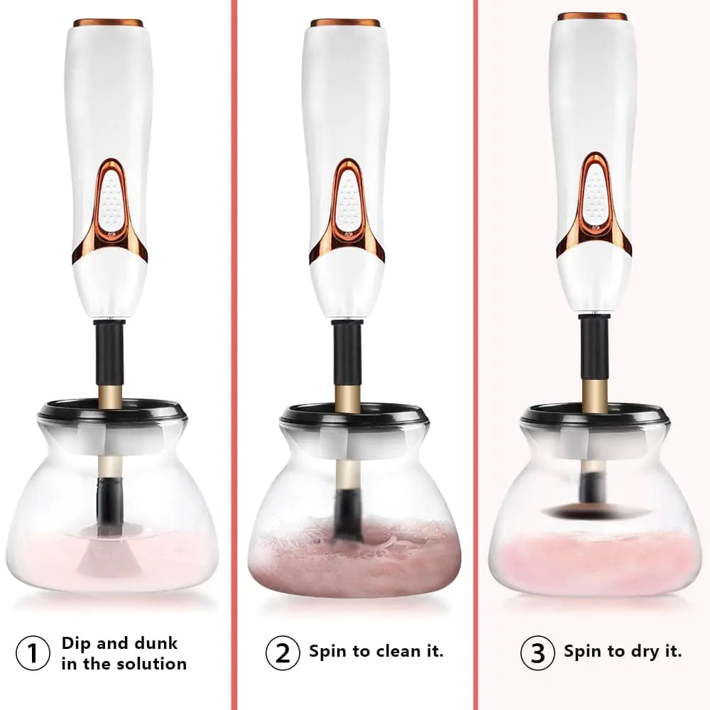 An automatic makeup brush cleaner device efficiently rinsing and drying makeup brushes for quick, spotless cleaning
