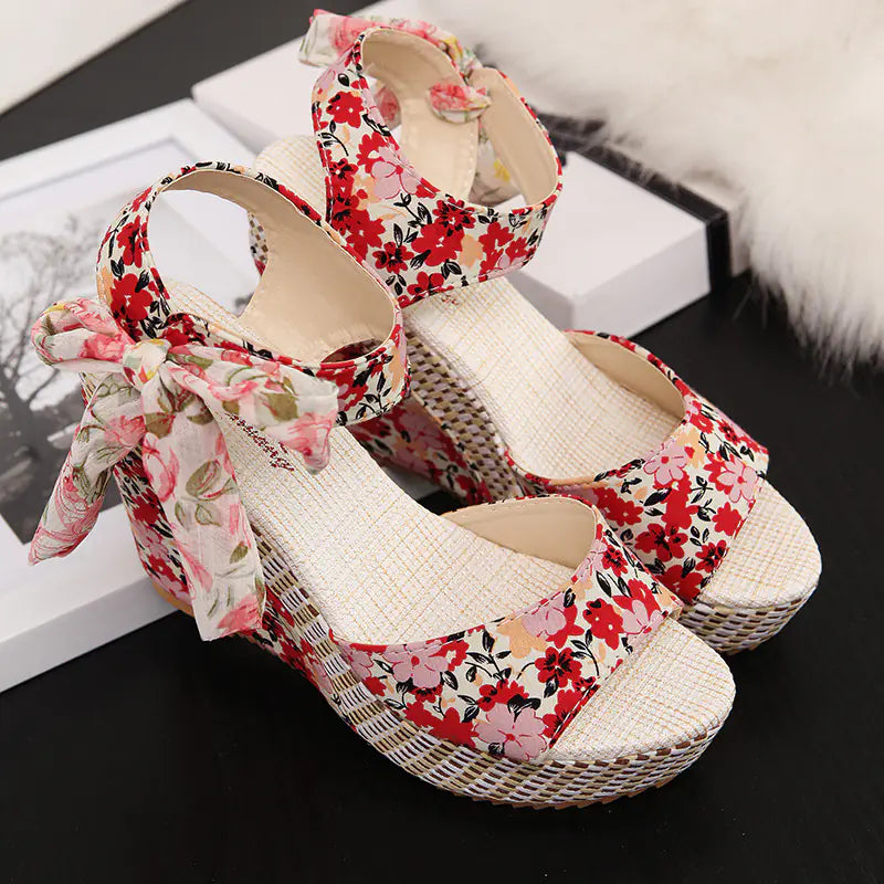 Stylish women’s Bohemian high heel wedge sandals with fish mouth design and floral pattern