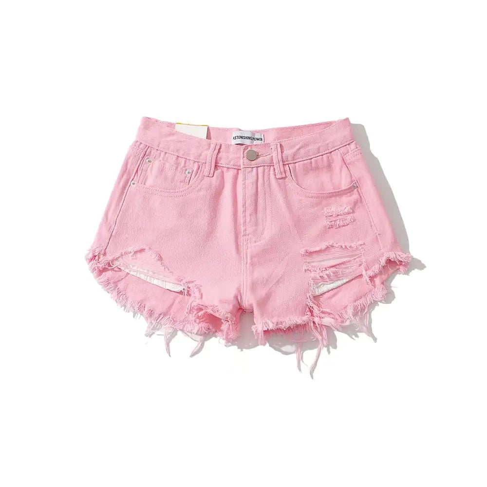 A stylish pair of women's low waist fringe denim shorts featuring distressed details and frayed edges perfect for casual summer outings