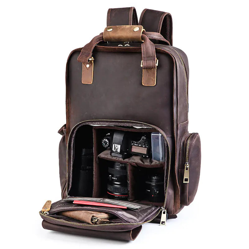 Dark brown leather camera bag designed for SLRs with anti-theft and shock-resistant features