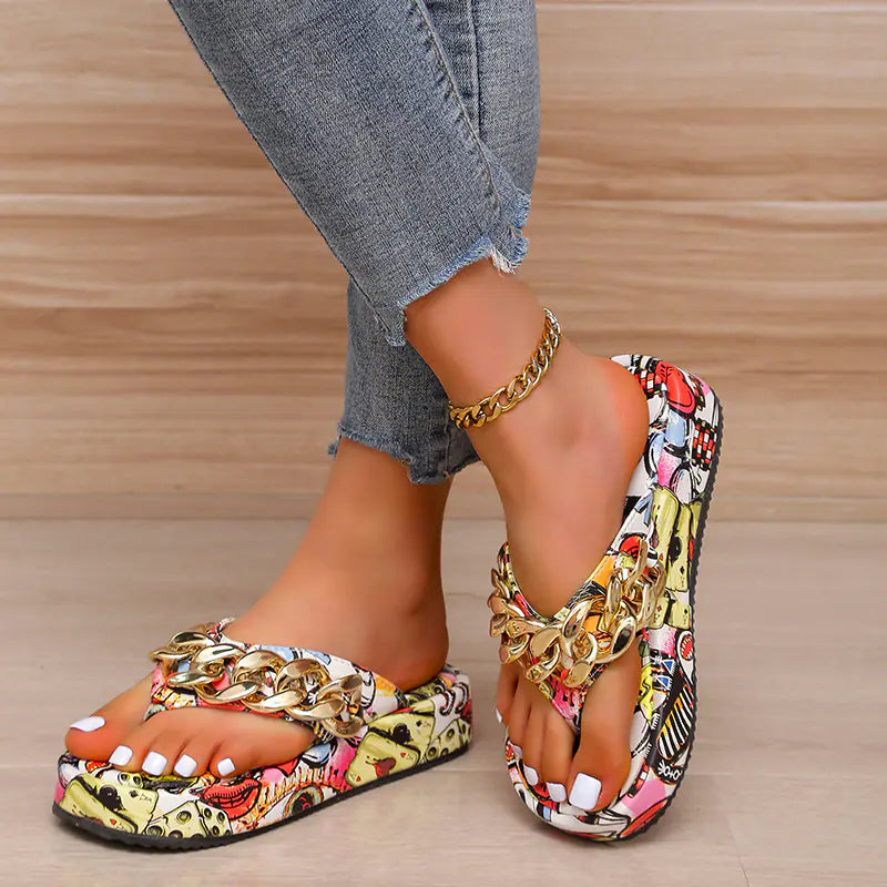 Colorful graffiti-inspired women's sandals and slippers featuring a trendy platform design for casual and stylish summer footwear