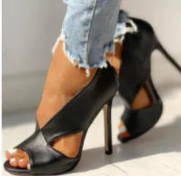 Elegant black WOLFF Orthopedic High Heels Sandals featuring a sleek design, artificial PU upper, and flexible rubber sole for stylish comfort