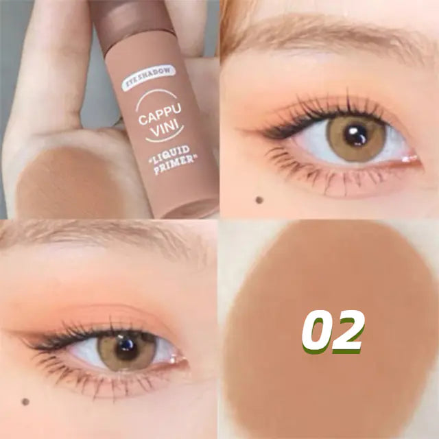 Close-up of the six versatile nude liquid eyeshadows and blushes, emphasizing their smooth, matte finish and natural tones