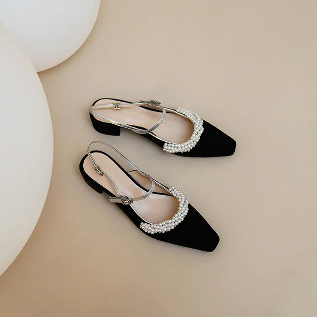 Elegant vintage French pearl-adorned mid-heel Mary Jane shoes for women featuring classic design and timeless charm