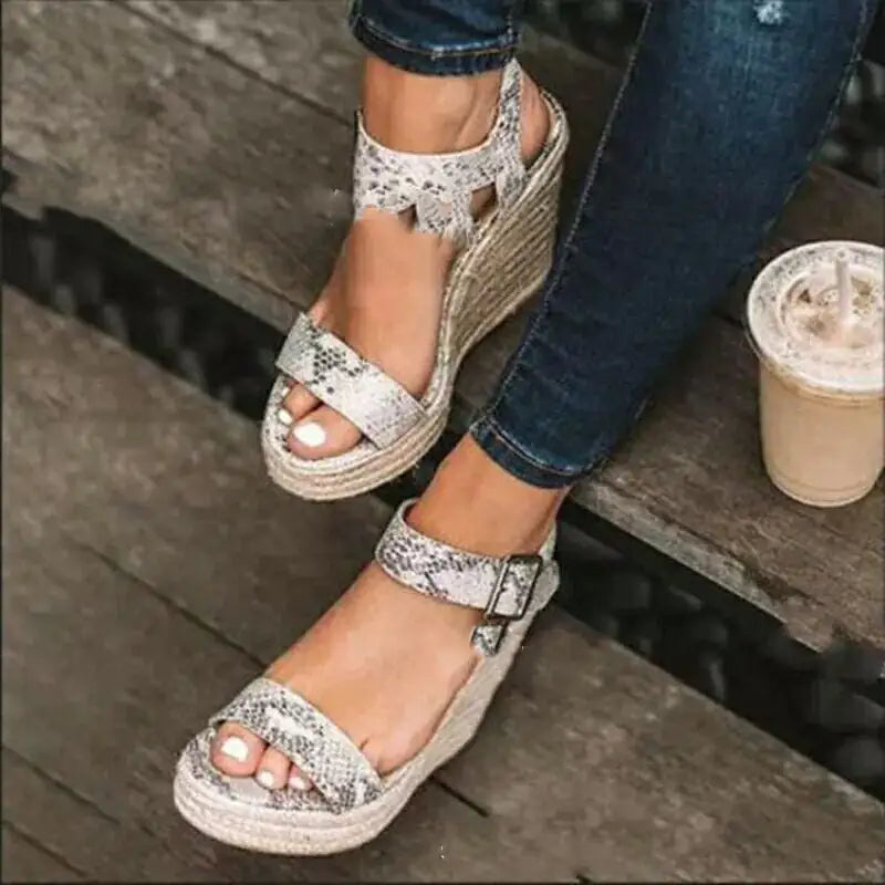 Elegant fish mouth design sandals with wedge sole and adjustable belt buckle for stylish comfort
